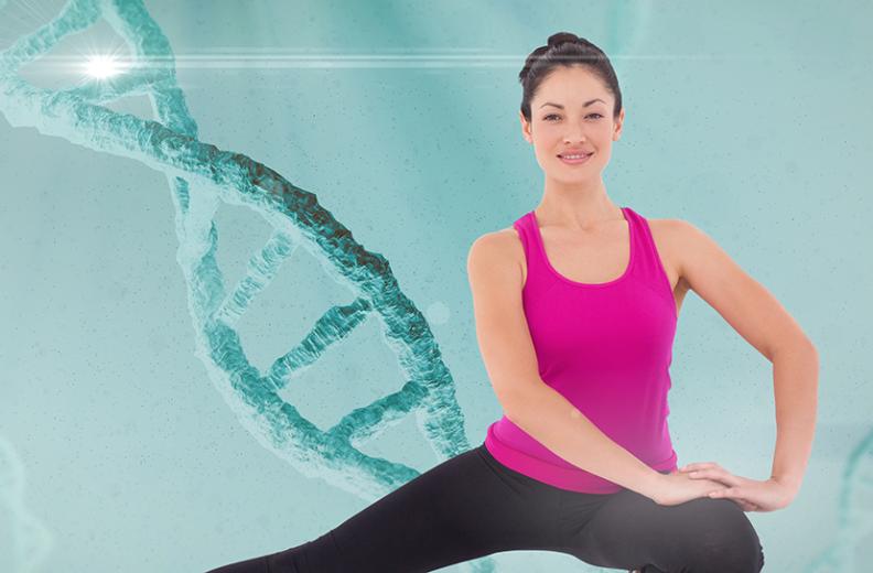 woman exercising with a strand 0n DNA in the background