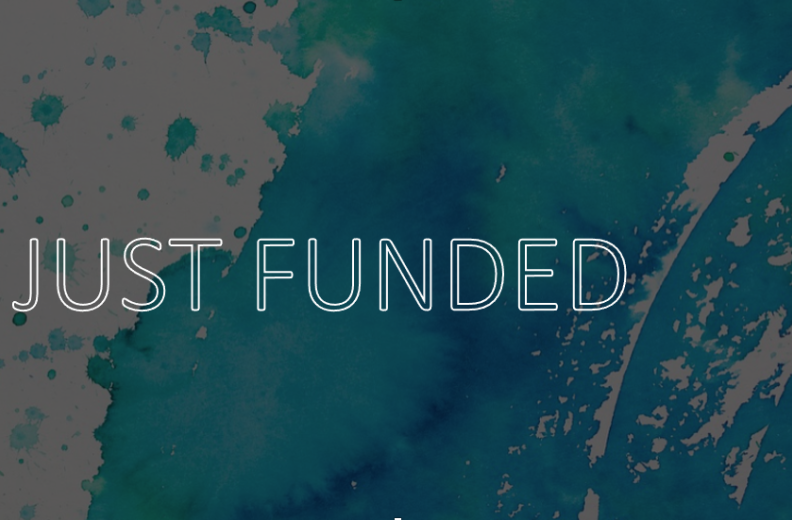 White background with blue paint strokes and splatters. The words "JUST FUNDED"  are in the center.