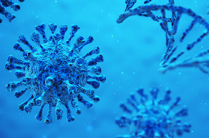 graphic of a COVID  spike cell and DNA strand